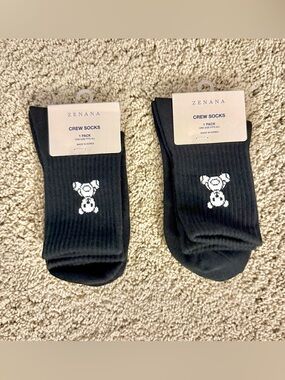 Zenana Outfitters Black Crew Socks with White Bear Accent - 2 Pack